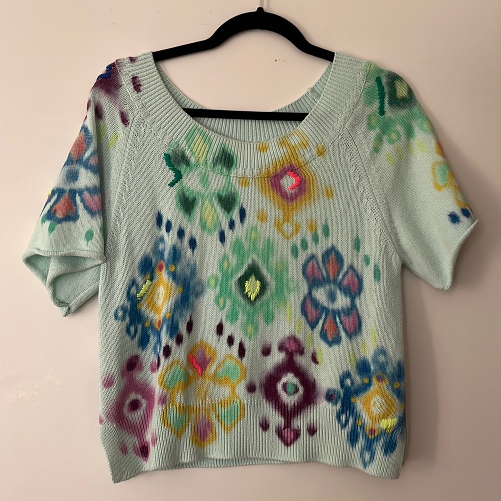 Anthropologie Knit Top XS Mint Floral Embroidered Oversized